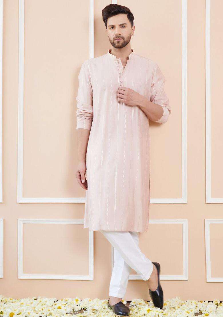 Pink Embroidered Silk Blend Kurta Set For Men - Indya