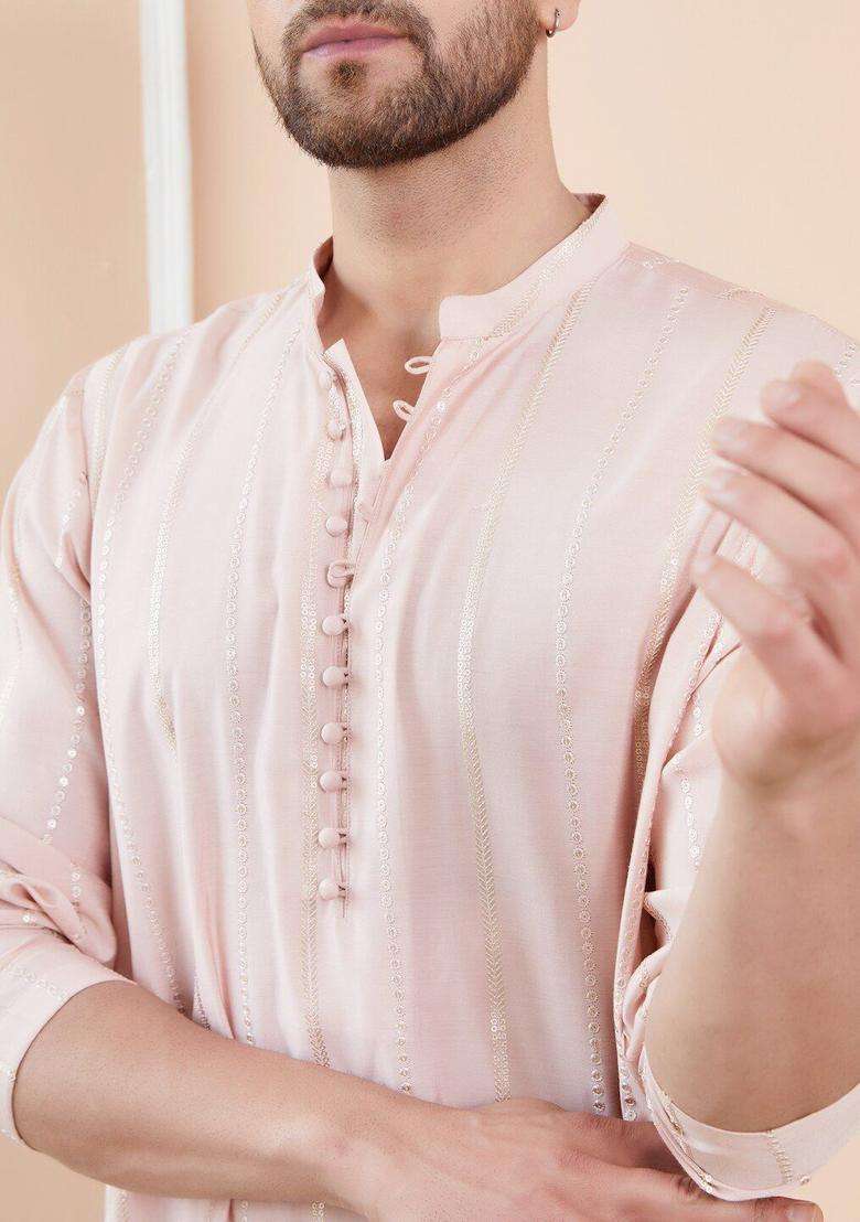 Pink Embroidered Silk Blend Kurta Set For Men - Indya