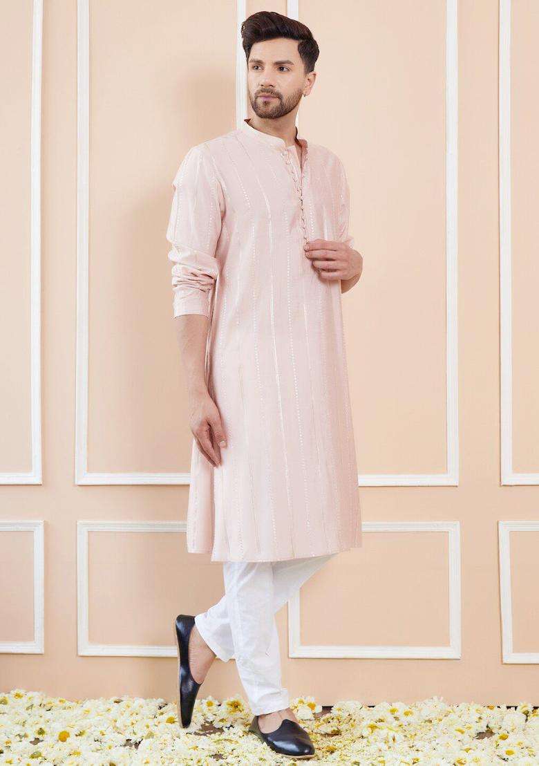 Pink Embroidered Silk Blend Kurta Set For Men - Indya