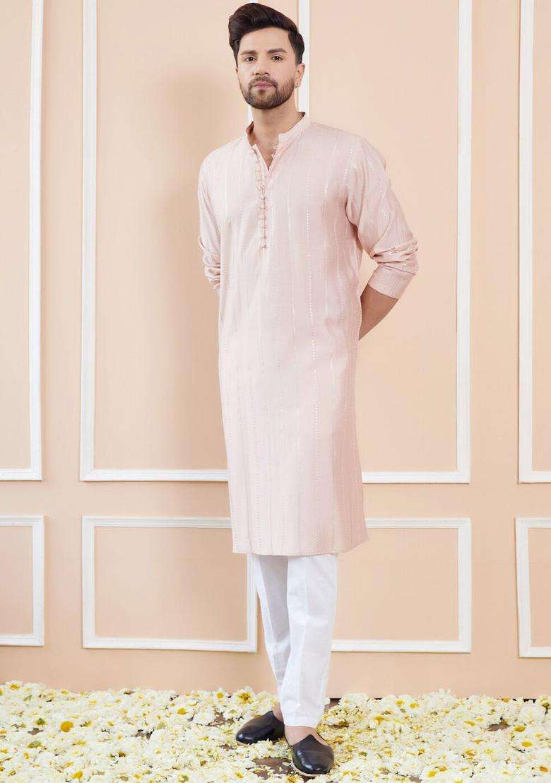 Pink Embroidered Silk Blend Kurta Set For Men - Indya