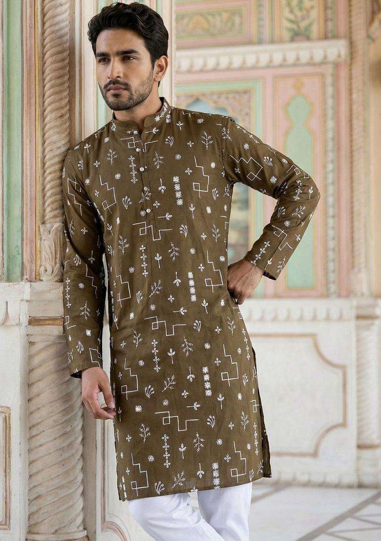 Olive Printed Silk Blend Kurta Set For Men - Indya