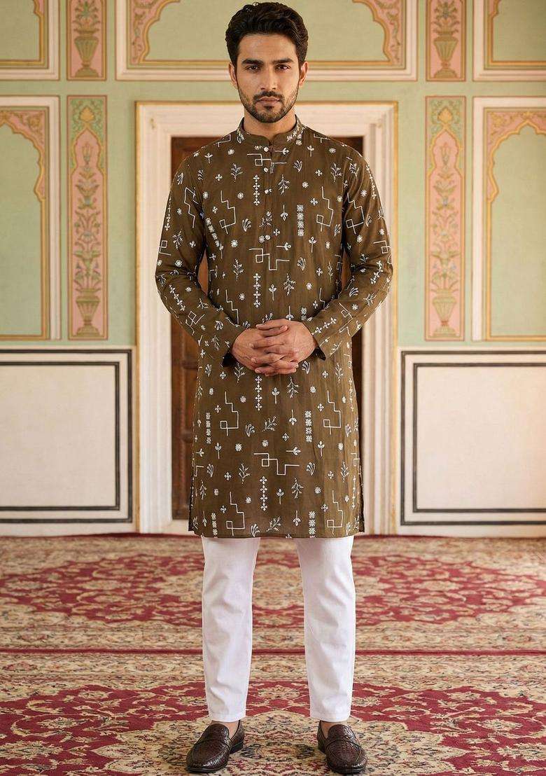 Olive Printed Silk Blend Kurta Set For Men - Indya