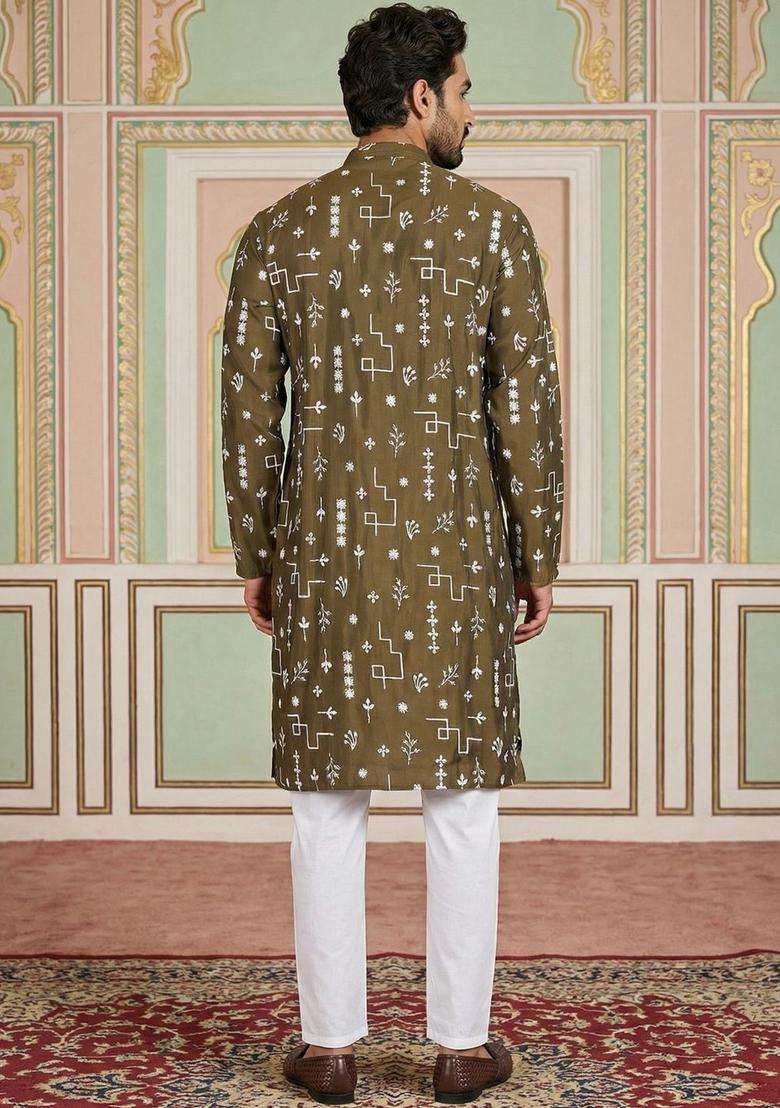 Olive Printed Silk Blend Kurta Set For Men - Indya