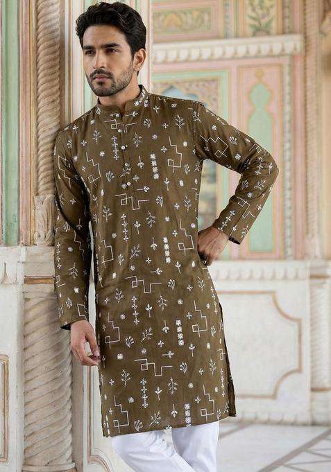 Olive Printed Silk Blend Kurta Set For Men