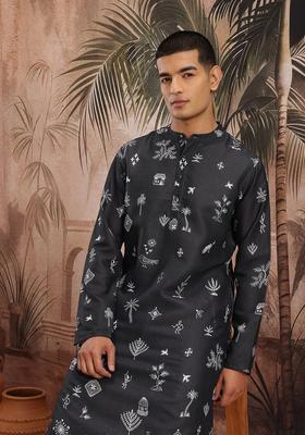 Black Printed Cotton Kurta Set For Men