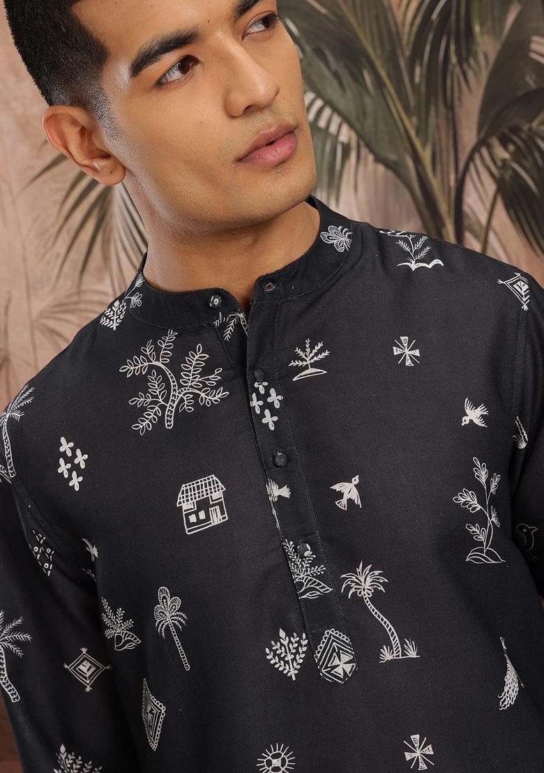 Black Printed Cotton Kurta Set For Men - Indya