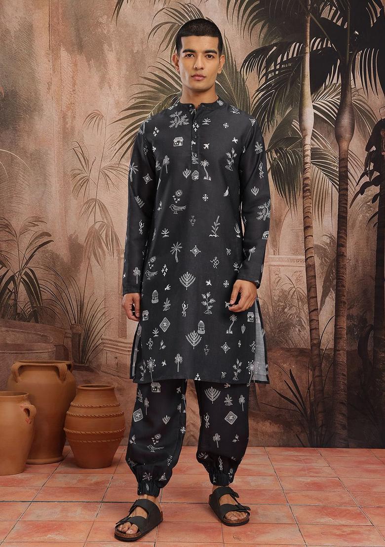 Black Printed Cotton Kurta Set For Men - Indya