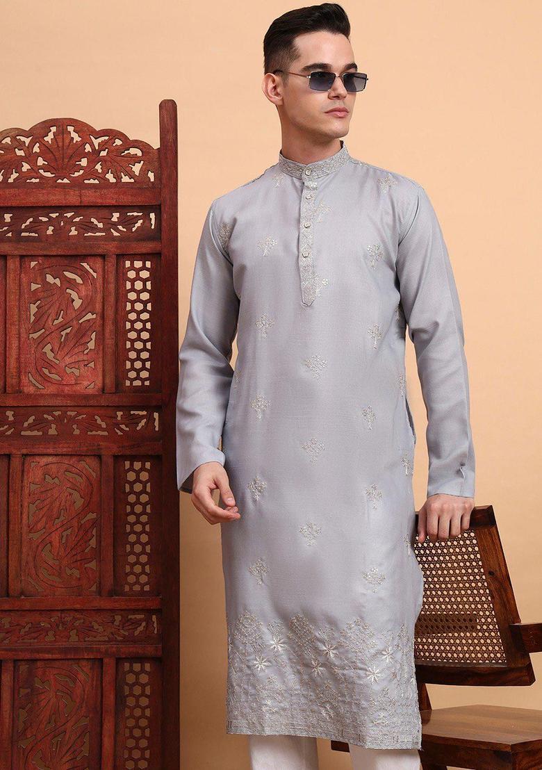 Grey Embroidered Cotton Kurta Set For Men - Indya
