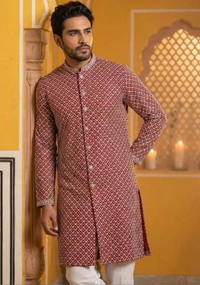 Maroon Embroidered Silk Kurta Set For Men