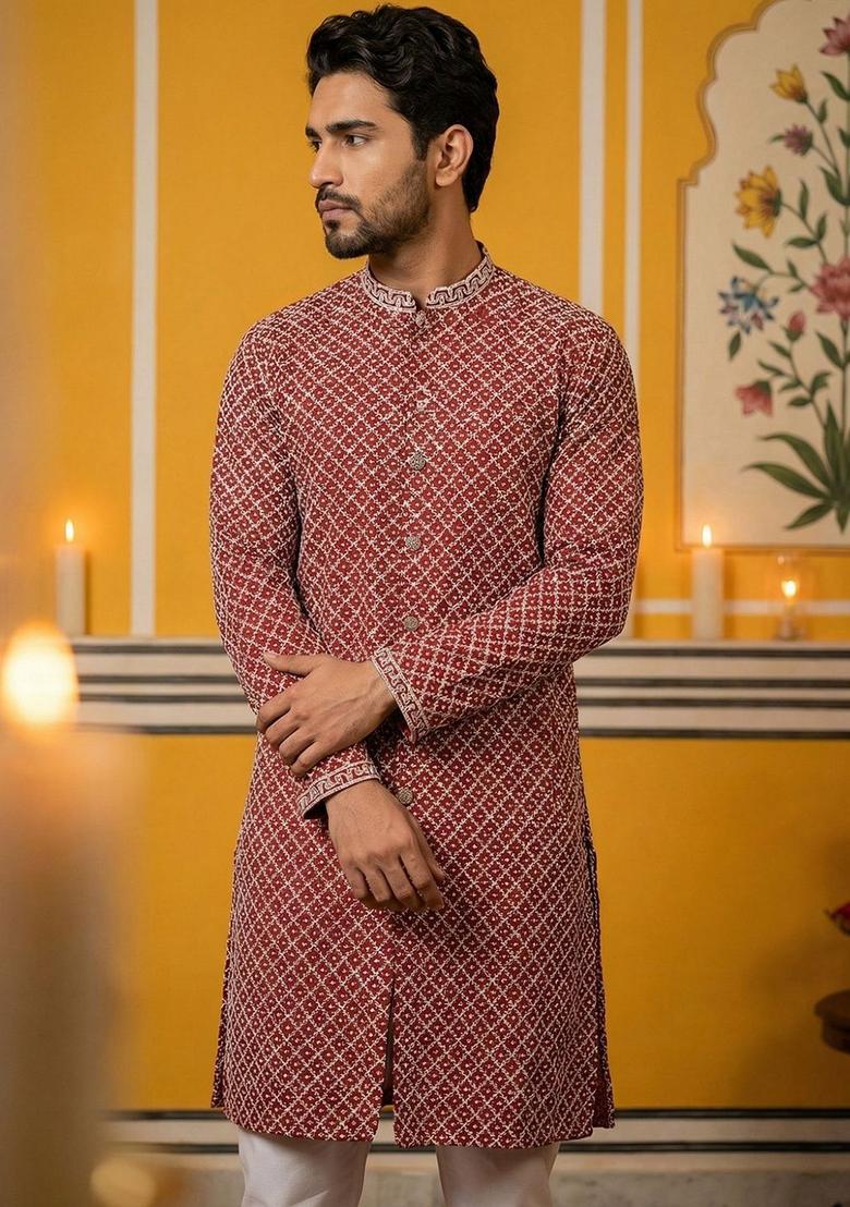 Maroon Embroidered Silk Kurta Set For Men - Indya
