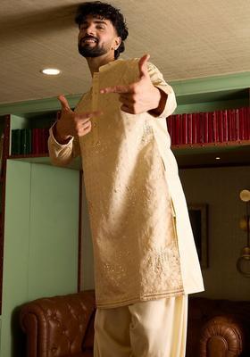 Beige Embroidered Silk Blend Kurta Set For Men