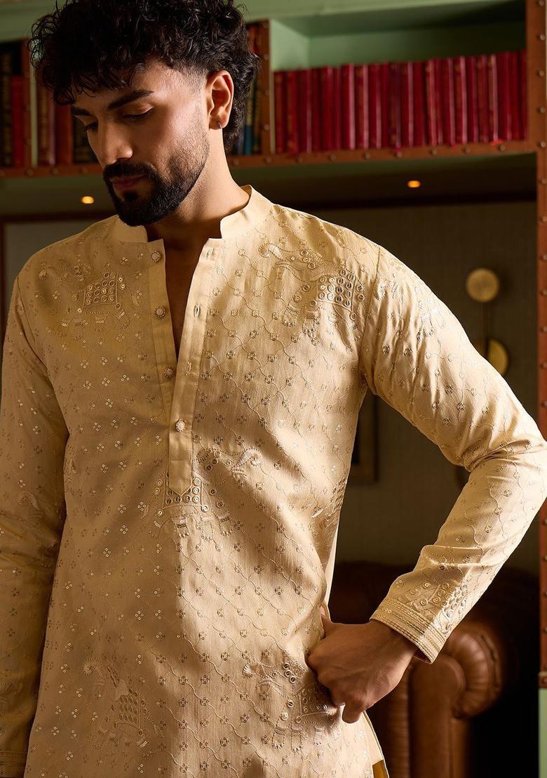 Beige Embroidered Silk Kurta Set For Men - Indya
