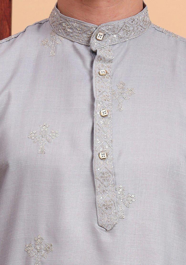 Grey Embroidered Cotton Kurta Set For Men - Indya