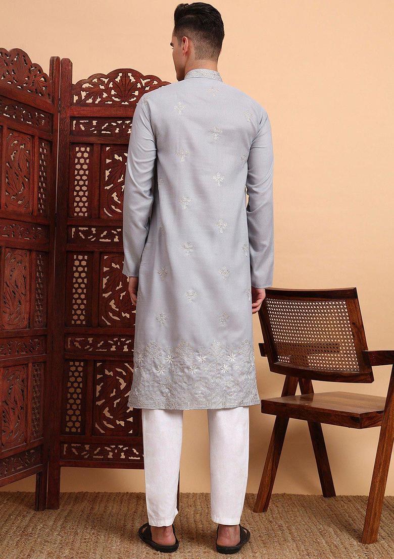 Grey Embroidered Cotton Kurta Set For Men - Indya