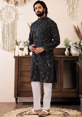 Black Printed Cotton Kurta Set For Men