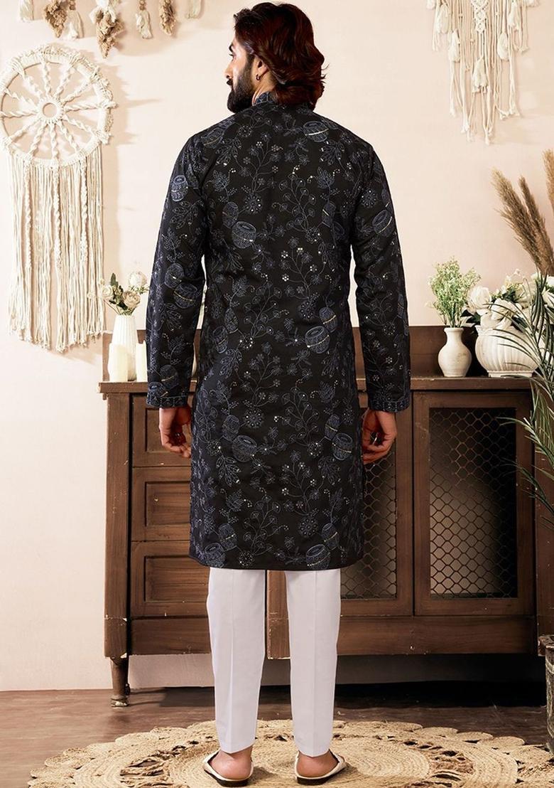 Black Printed Cotton Kurta Set For Men - Indya