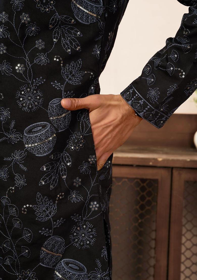 Black Printed Cotton Kurta Set For Men - Indya