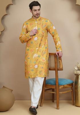 Mustard Printed Cotton Kurta Set For Men