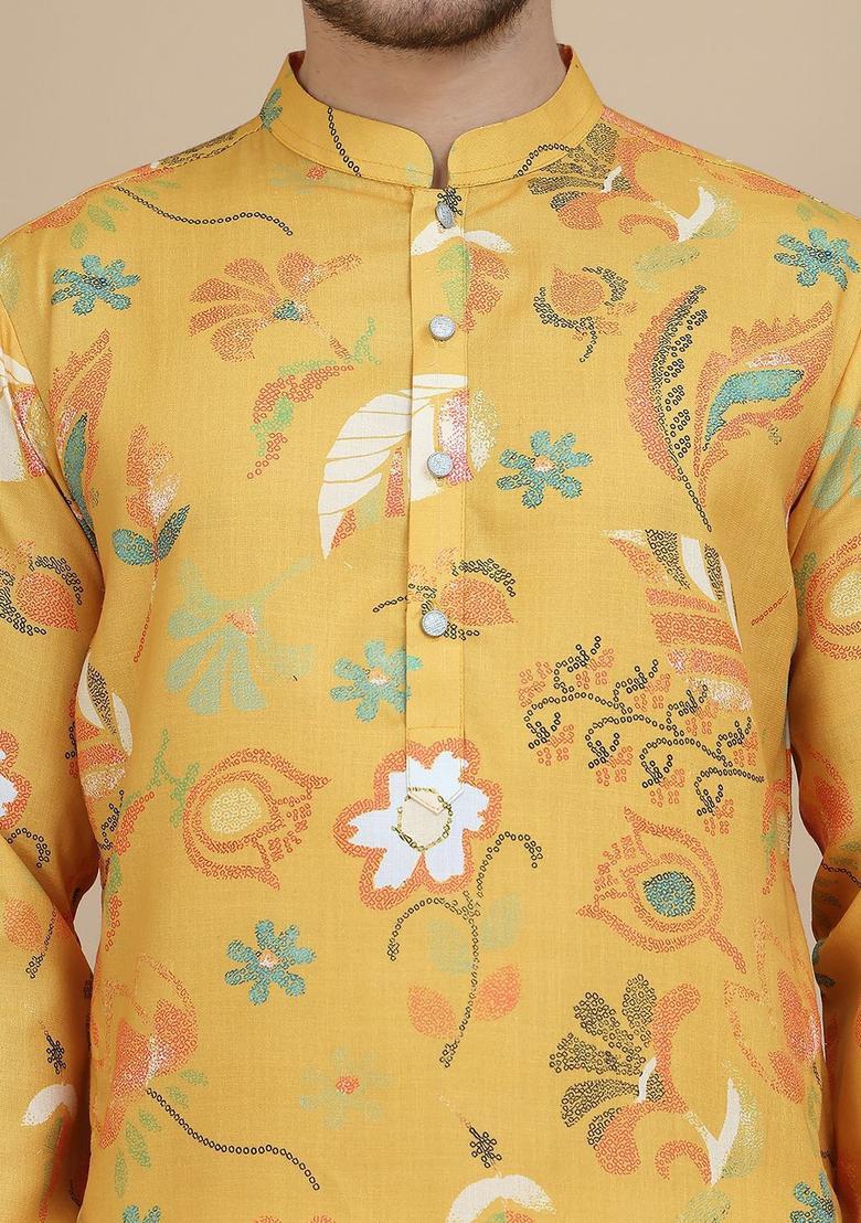 Mustard Printed Cotton Kurta Set For Men - Indya