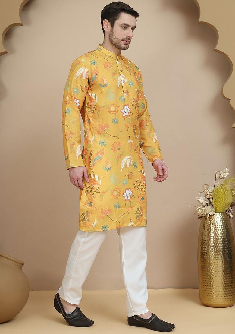 Mustard Printed Cotton Kurta Set For Men - Indya