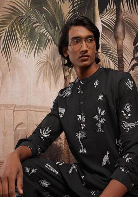 Black Printed Cotton Kurta Set For Men