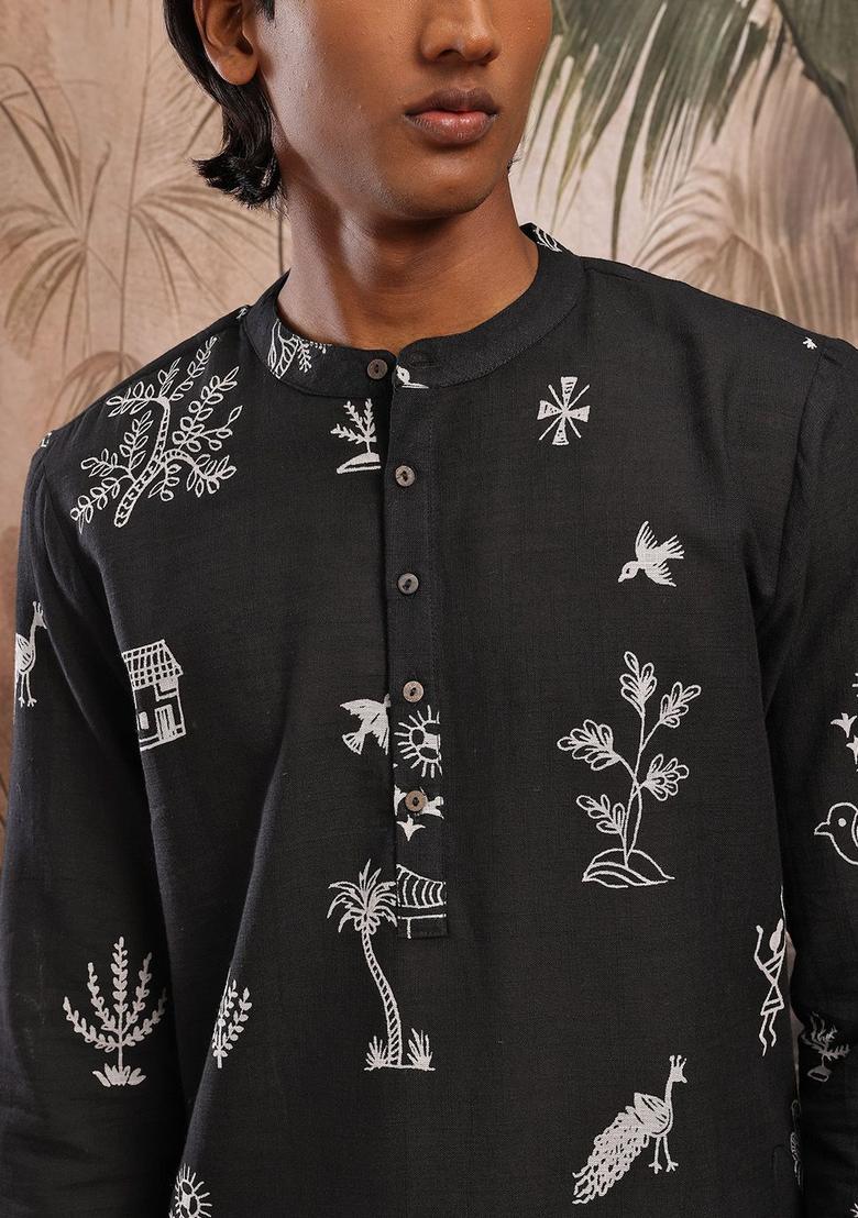 Black Printed Cotton Kurta Set For Men - Indya