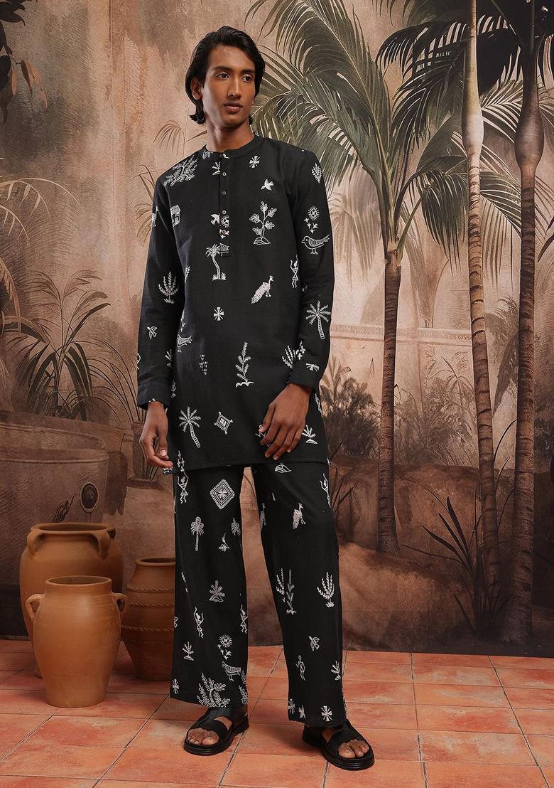 Black Printed Cotton Kurta Set For Men - Indya