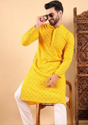 Yellow Embroidered Viscose Kurta Set For Men