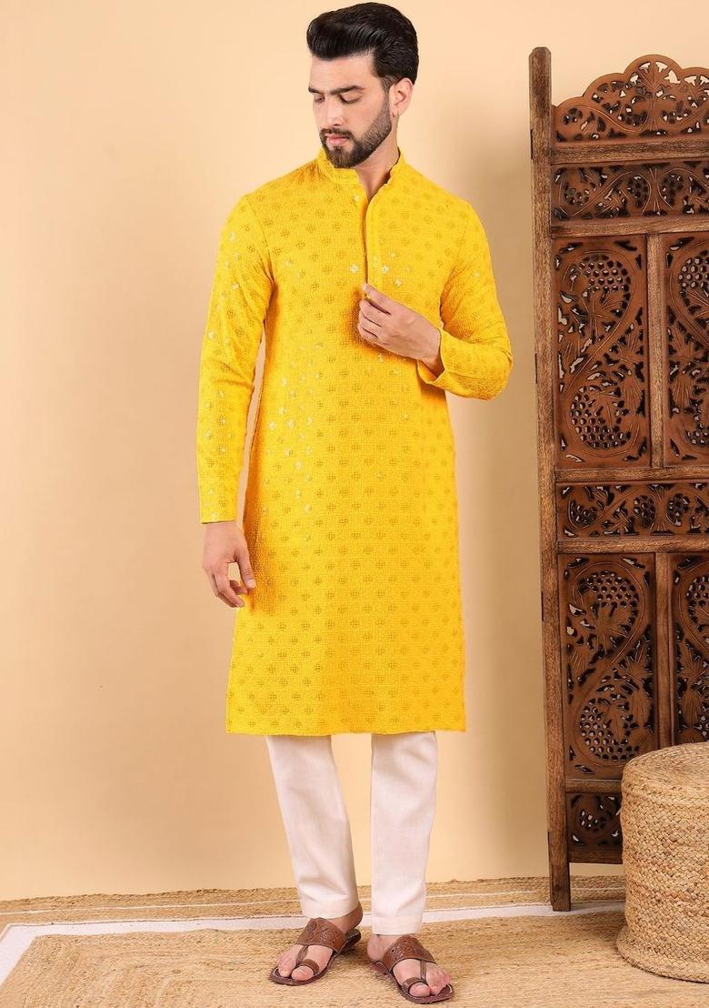 Yellow Embroidered Viscose Kurta Set For Men - Indya