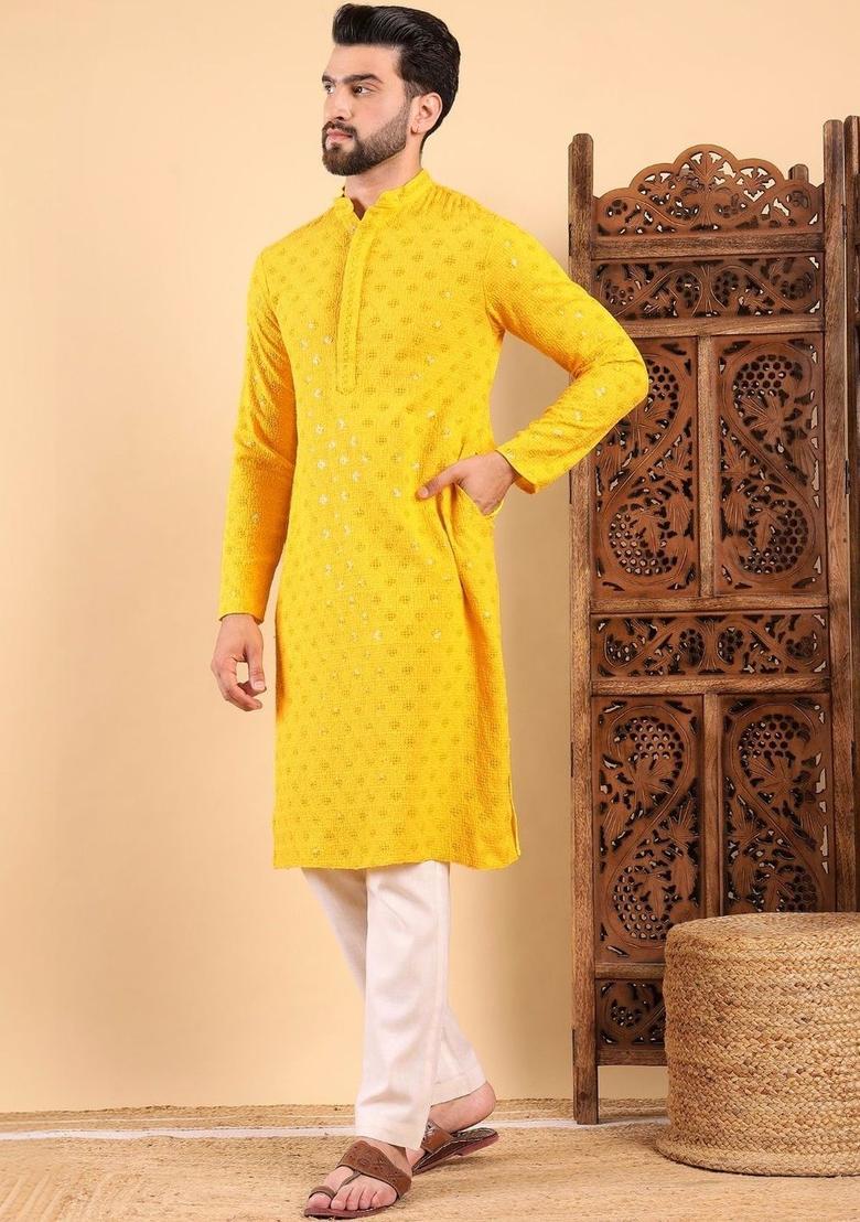 Yellow Embroidered Viscose Kurta Set For Men - Indya