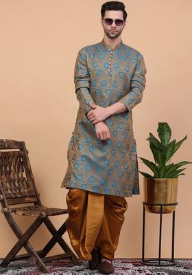 Turquoise Blue Woven Design Cotton Kurta Set For Men