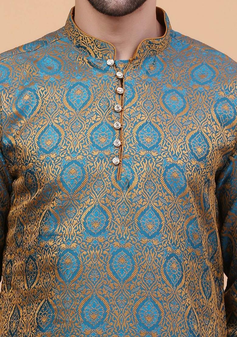 Turquoise Blue Woven Design Cotton Kurta Set For Men - Indya