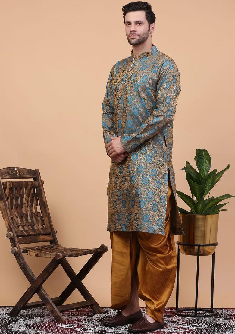 Turquoise Blue Woven Design Cotton Kurta Set For Men - Indya