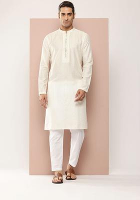 Off White Embroidered Silk Kurta Set For Men