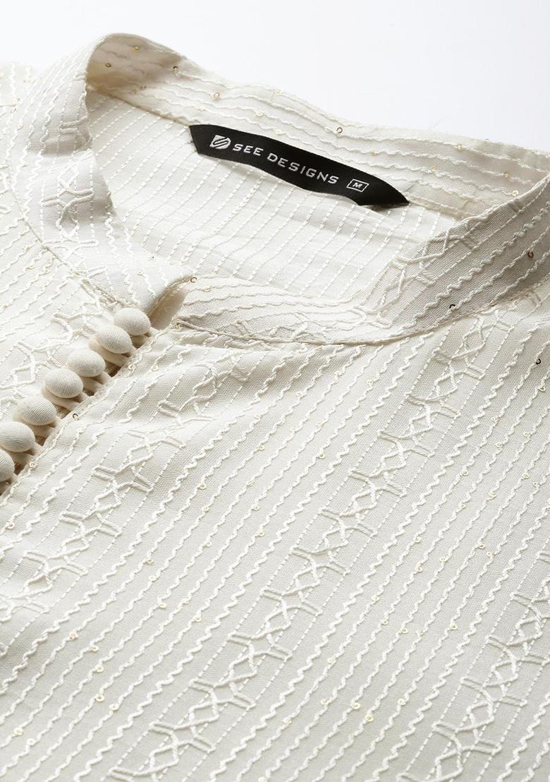 Off White Embroidered Silk Kurta Set For Men - Indya