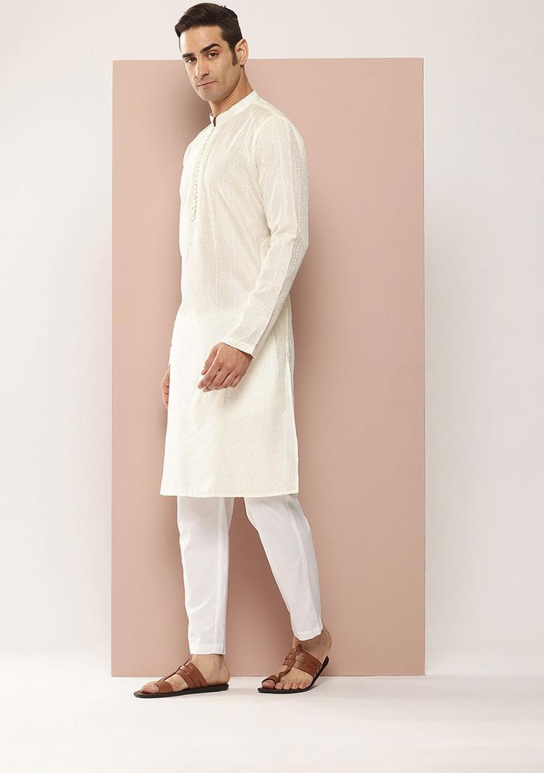 Off White Embroidered Silk Kurta Set For Men - Indya