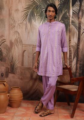 Lavender Printed Polyester Kurta Set For Men