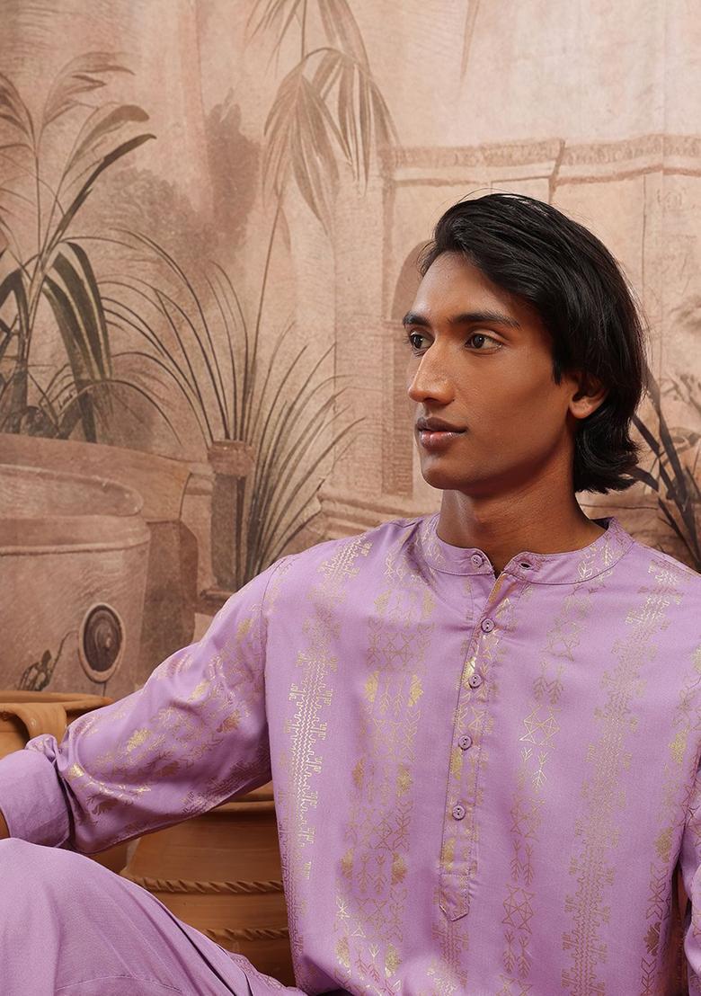 Lavender Printed Polyester Kurta Set For Men - Indya