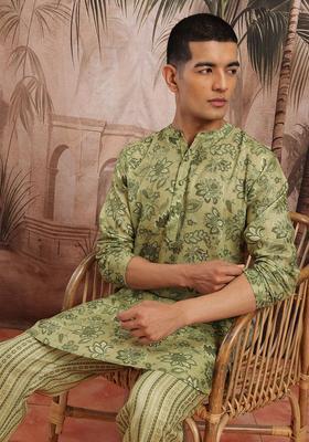 Olive Printed Cotton Kurta Set For Men