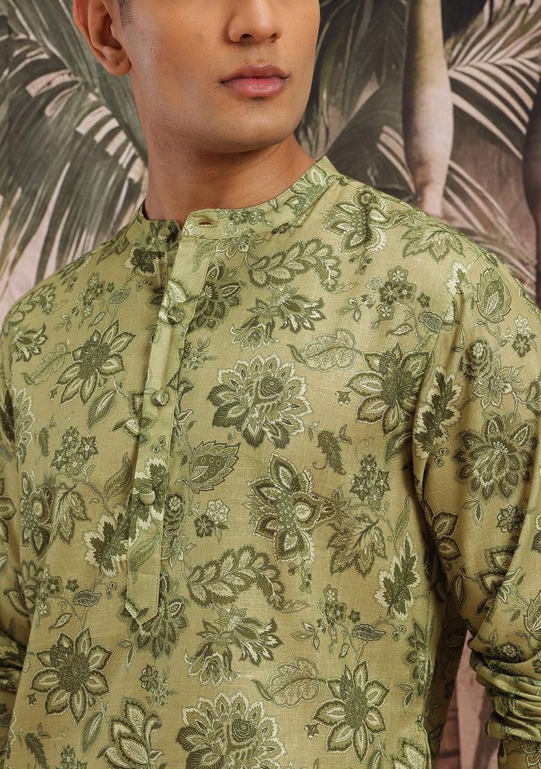 Olive Printed Cotton Kurta Set For Men - Indya