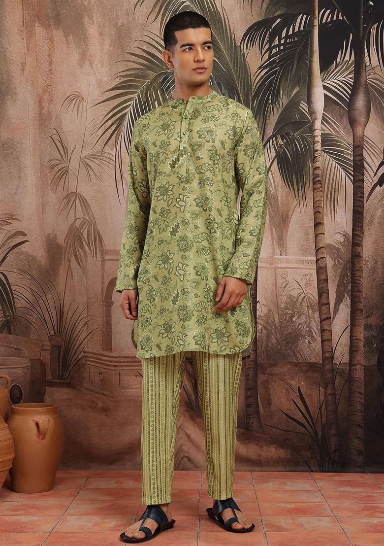 Olive Printed Cotton Kurta Set For Men - Indya