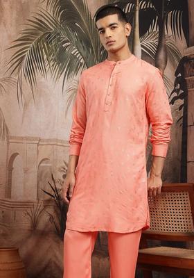 Peach Printed Viscose Kurta Set For Men