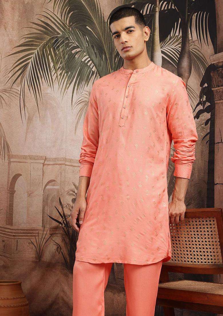 Peach Printed Viscose Kurta Set For Men - Indya