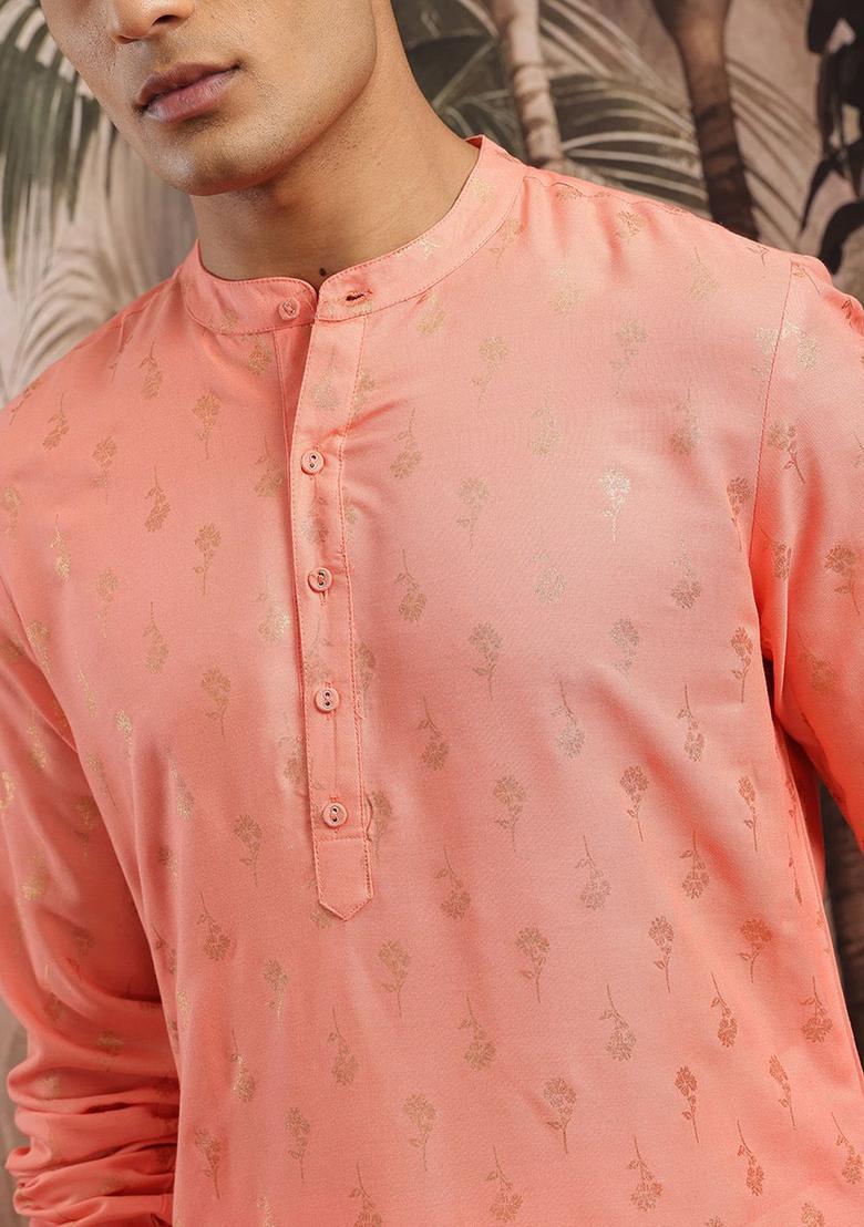 Peach Printed Viscose Kurta Set For Men - Indya