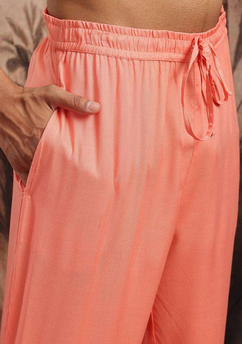 Peach Printed Viscose Kurta Set For Men - Indya