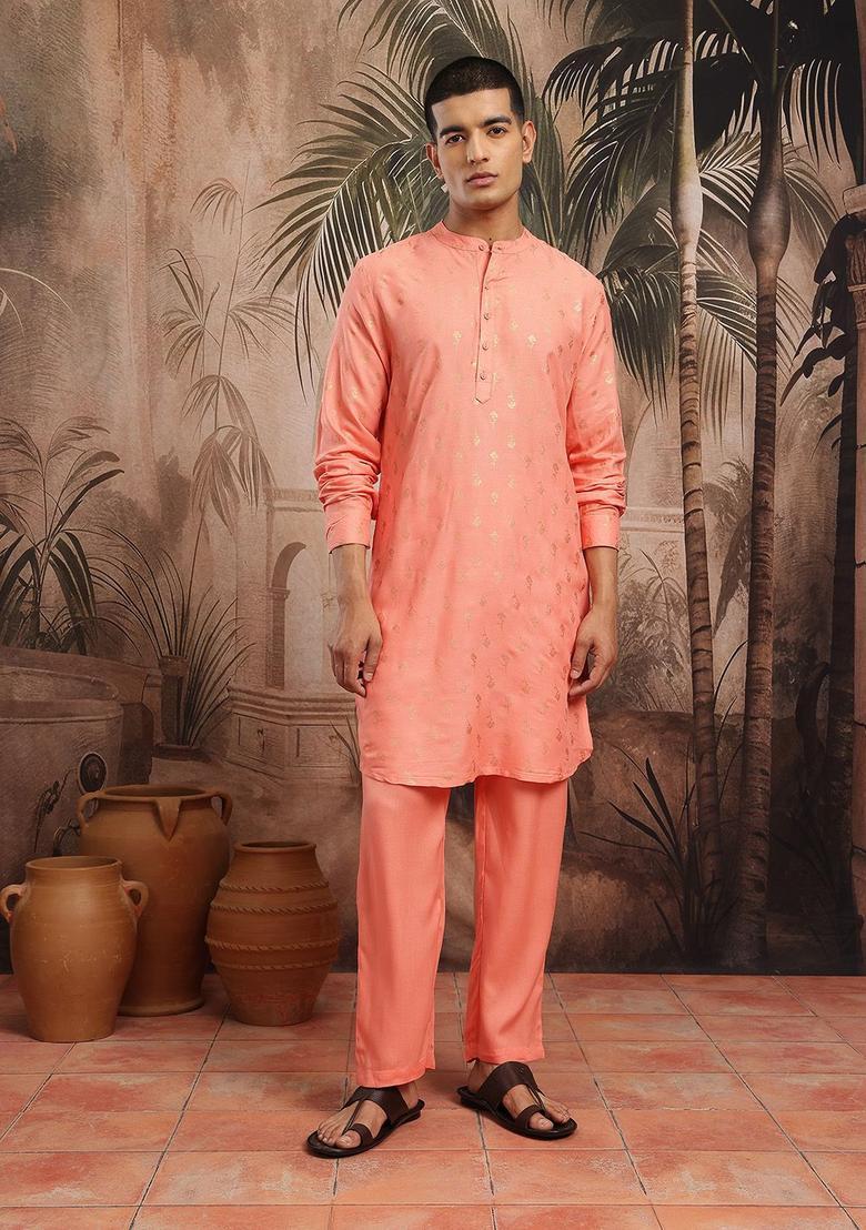 Peach Printed Viscose Kurta Set For Men - Indya