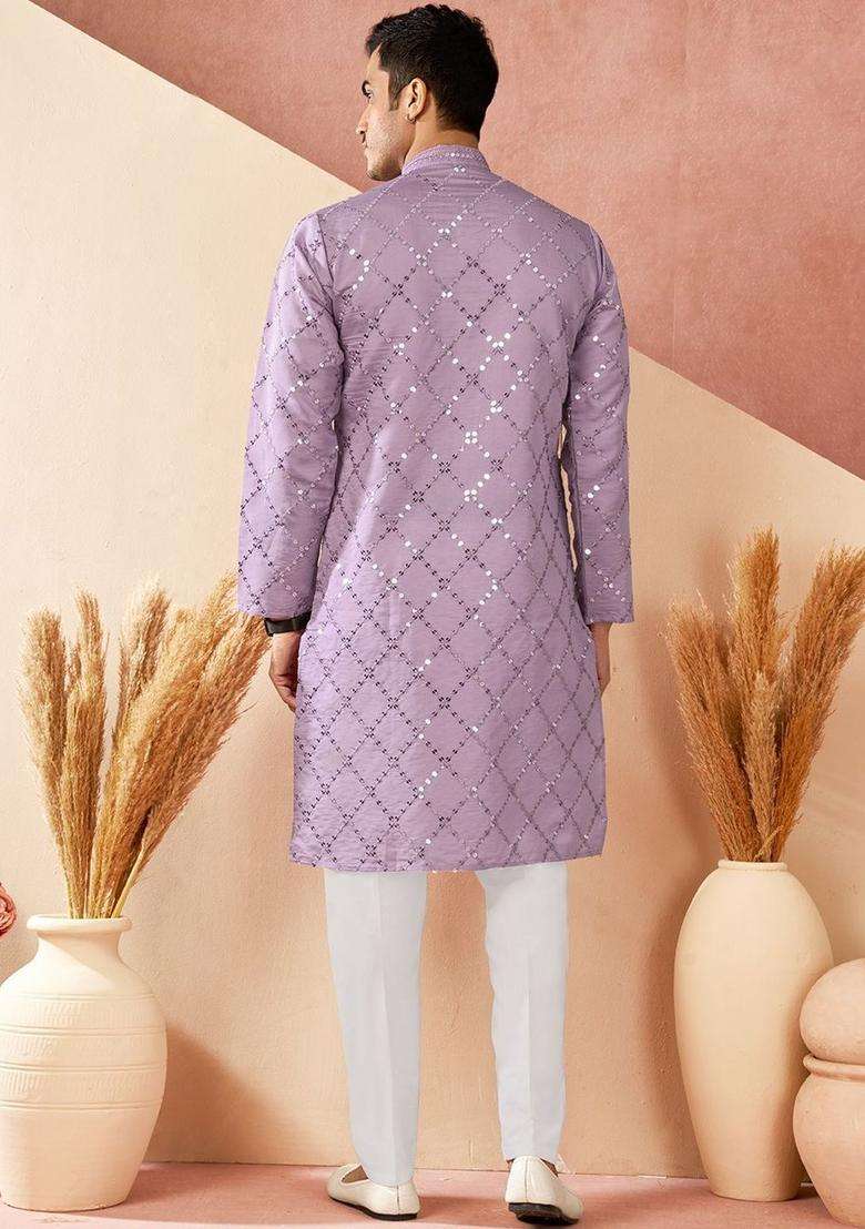 Lavender Embroidered Cotton Kurta Set For Men - Indya
