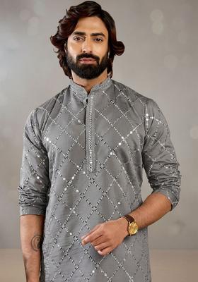 Grey Embroidered Cotton Kurta Set For Men