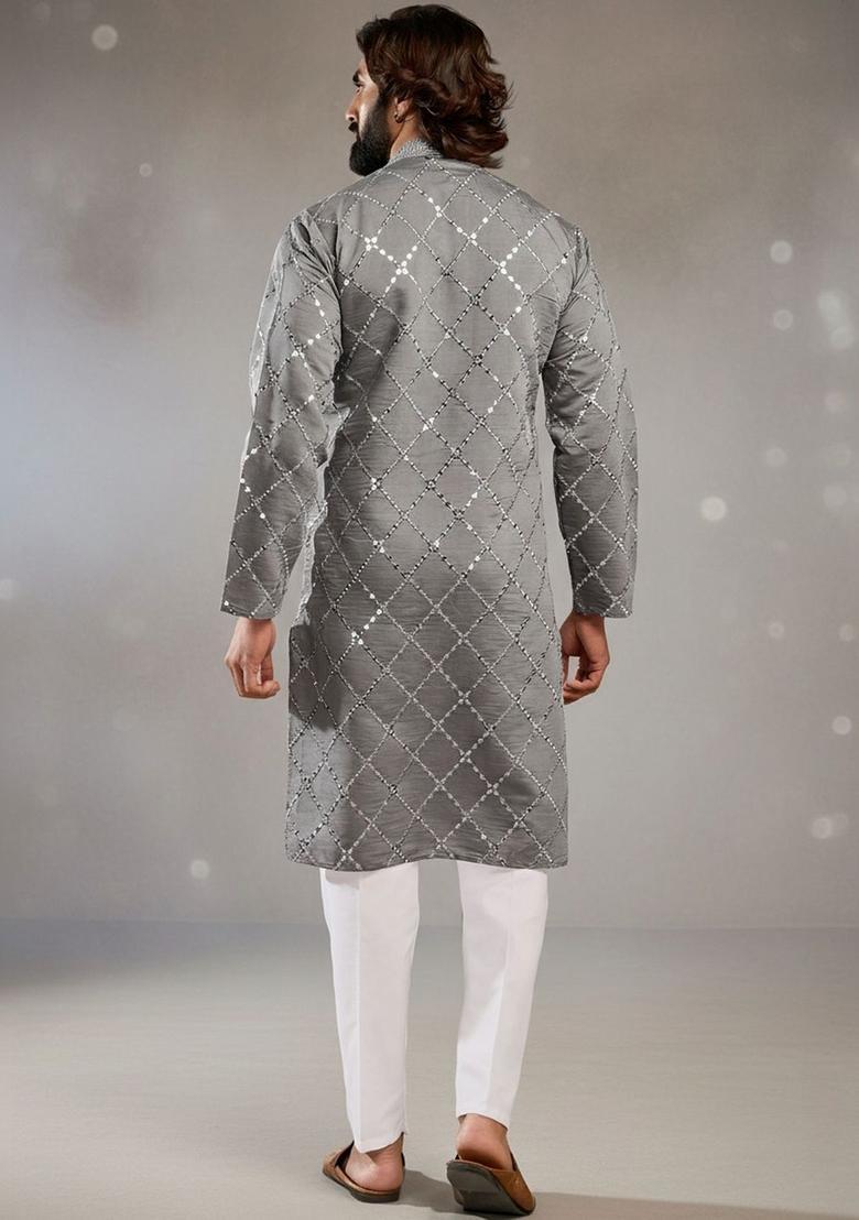 Grey Embroidered Cotton Kurta Set For Men - Indya