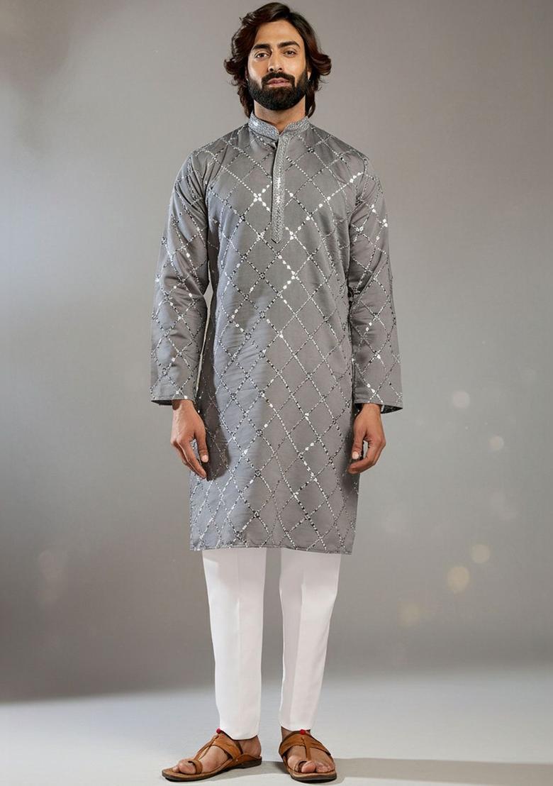 Grey Embroidered Cotton Kurta Set For Men - Indya